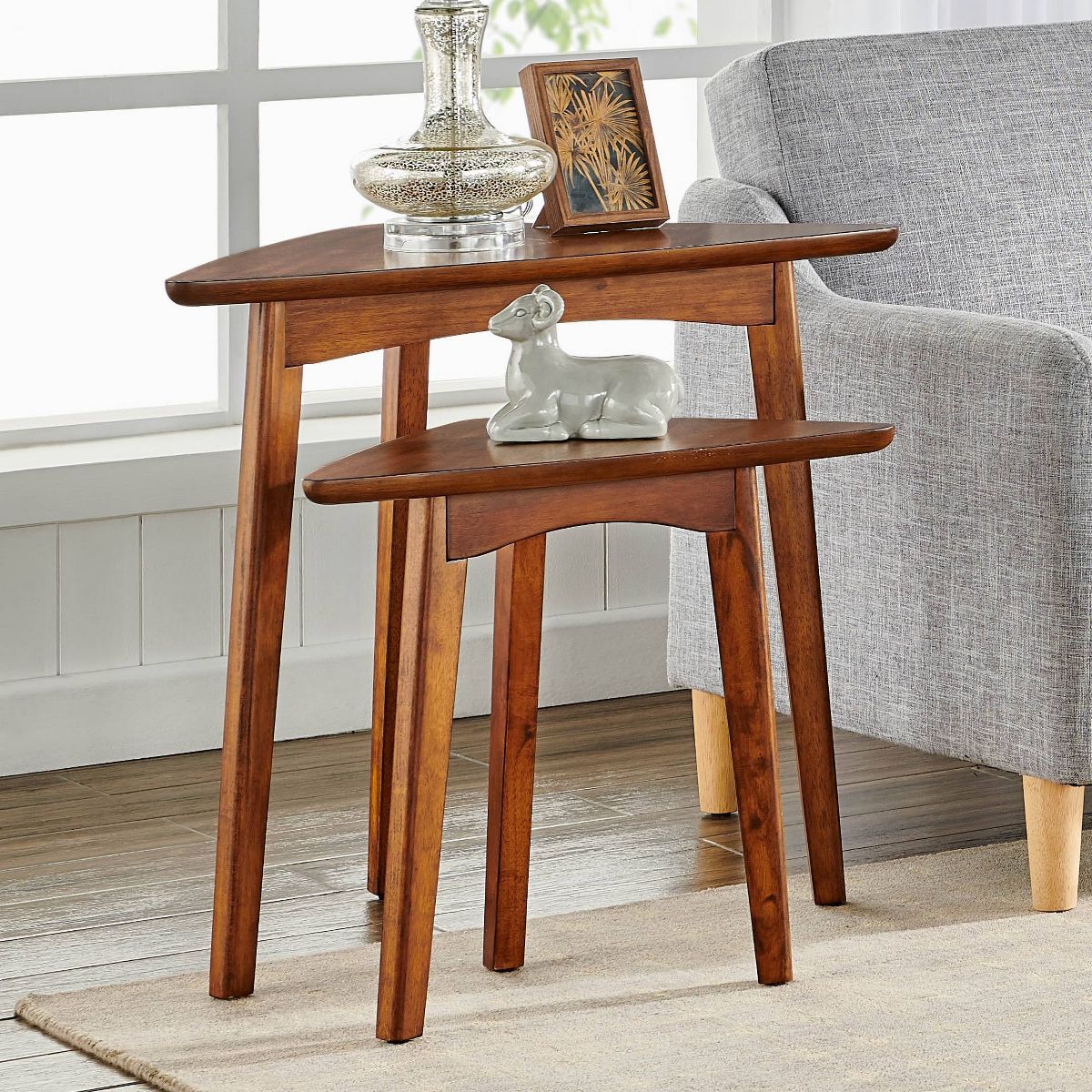 Set of Two Monterey Mid Century Wood Triangular Nesting End Tables Chestnut - Alaterre Furniture - thumbnail 2