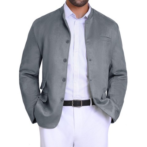 INSPIRE CHIC Men's Casual Stand Collar Single Breasted Suede Blazer Gray Medium