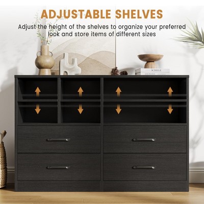 Garvee 4-Drawer & 6-Shelf Wooden Dresser - Bedroom Storage Cabinet w/Open Shelving | TV Stand for Apartments, Living Room, Entryway