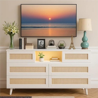 Coucheta Rattan Wooden Dresser with 6 Drawers, 47" Wide Modern Dresser with Charging Station & LED Lights, for Bedroom, Living Room, Hallway