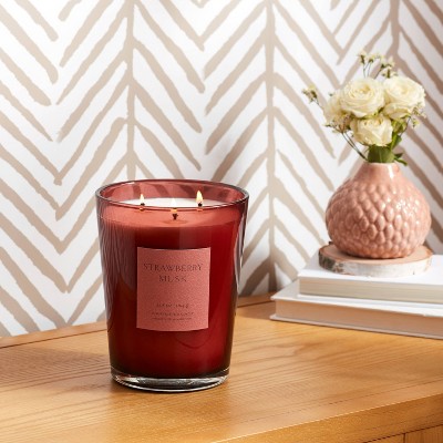 Condition photo showing New/Like New for 35.8oz colored vase glass with dustcover strawberry musk candle red - threshold™: 3-wick, palm wax, 70hr burn time