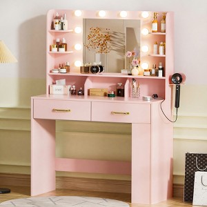 COMHOMA Vanity Desk with Mirror and LED Lights, Hairdryer Holder, 5 Drawers, Bedroom Dresser Table for Girls - 1 of 4