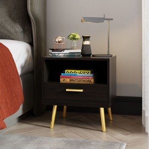 FUFU&GAGA Black Modern Nightstand with Drawer and Open Shelf - 1 of 4
