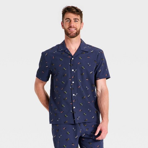 Мужские рубашки Goodfellow & Co Men's Short Sleeve Great Outdoor Fly Fish Button-Up Shirt - Goodfellow & Co™ Navy M
