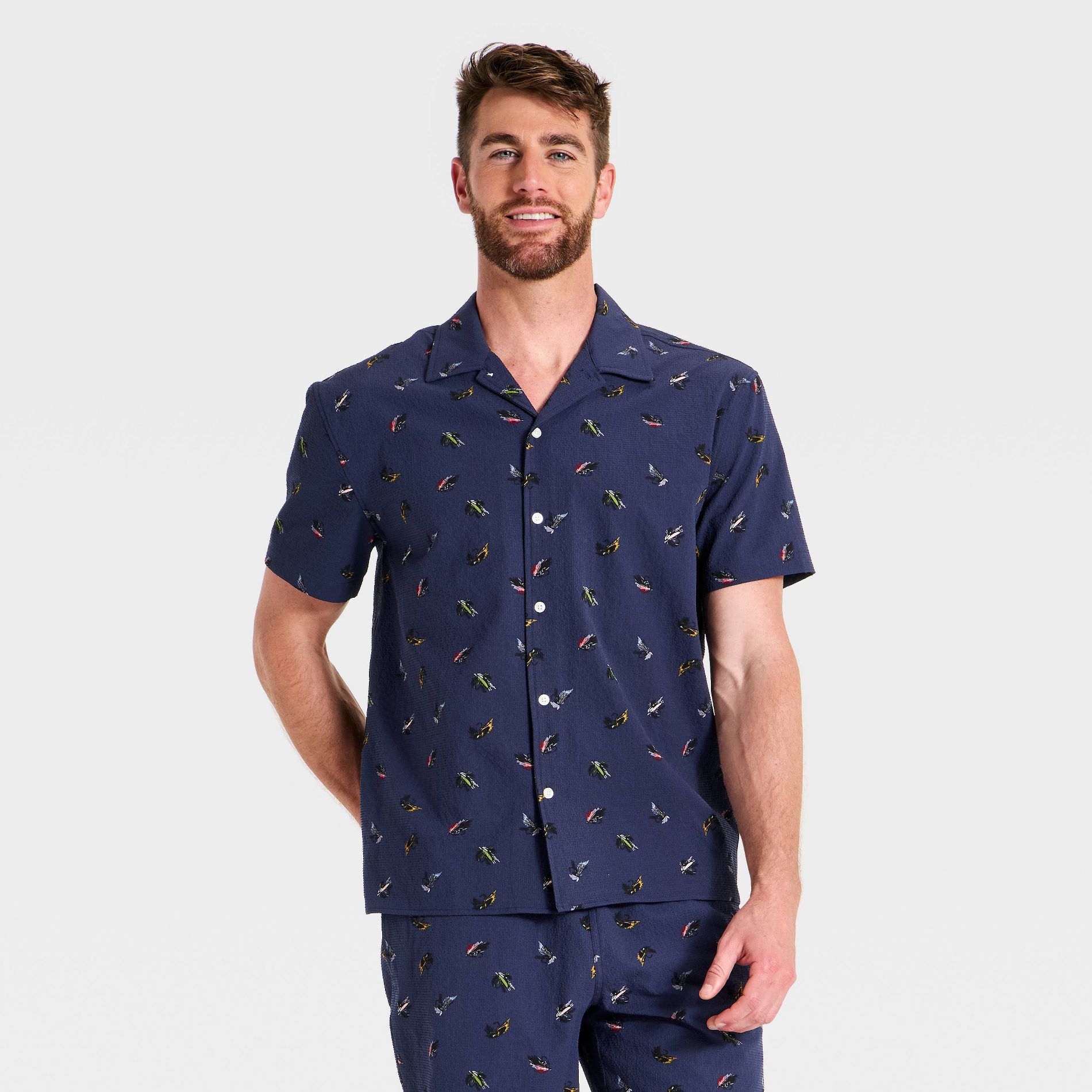 Men's Short Sleeve Great Outdoor Fly Fish Button-Up Shirt - Goodfellow & Co™ Navy