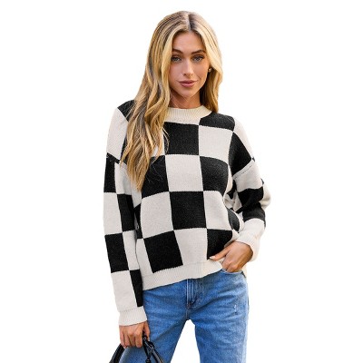 Women's Trendy Checkered Black and White Oversized Knit Pullover Sweater - Cupshe