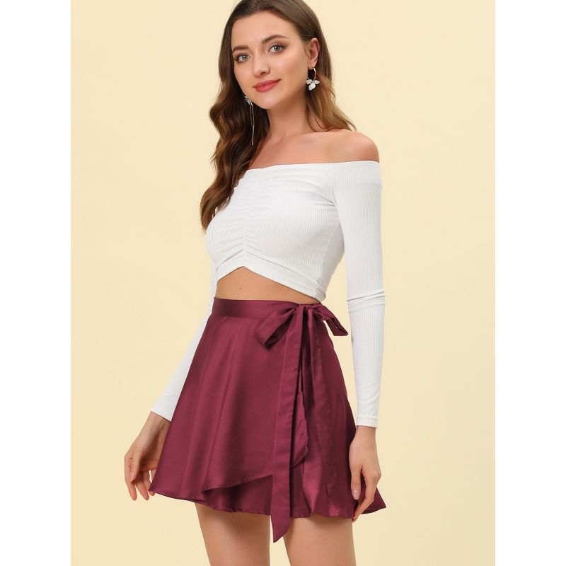 Allegra K Women's High Waist Satin Wrap A-Line Mini Skirt, 2 of 6