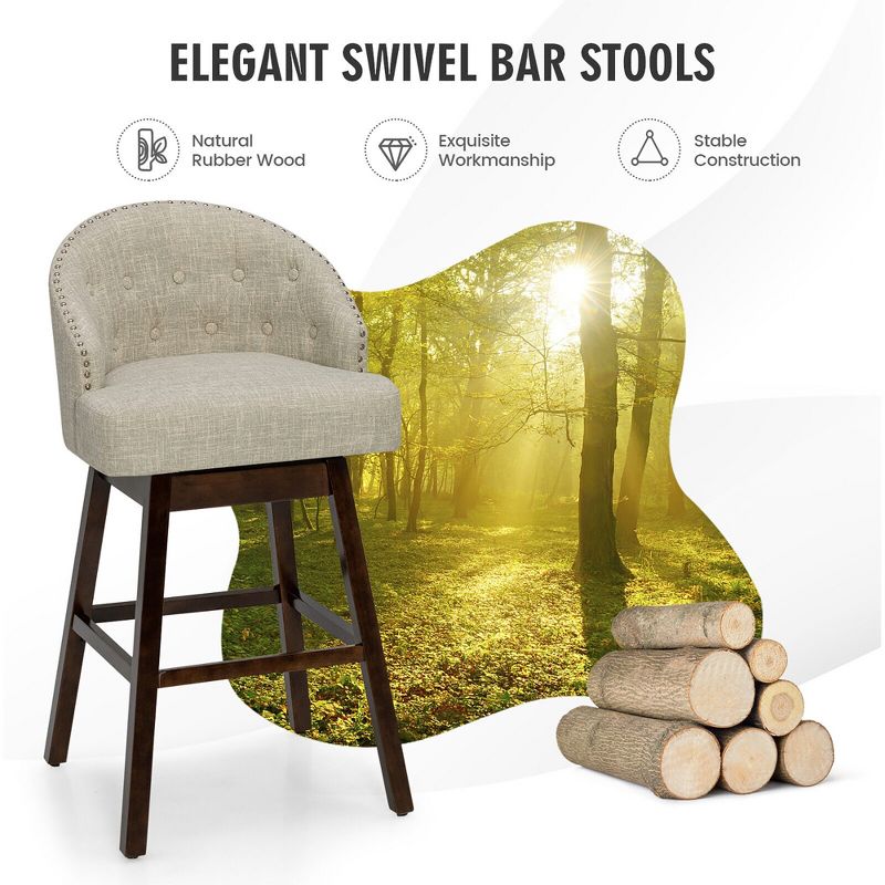 Tangkula Set of 4 Swivel Bar Stools Tufted Bar Height Pub Chairs w/ Rubber Wood Legs, 4 of 10