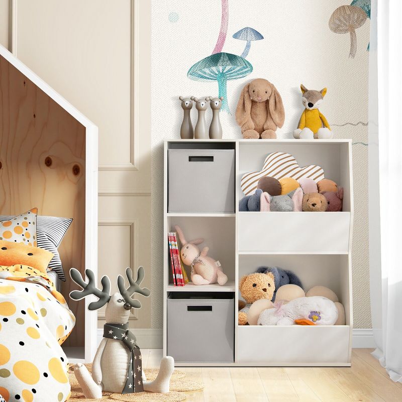Tangkula Kids Toy Storage Organizer 5 Cubbies Wooden Bookshelf Display Cabinet w/ Drawers, 3 of 11