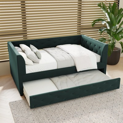 Twin Size Daybed, Velvet Upholstered Platform Bed Frame with Tufted Design and Twin Size Trundle Bed -Frevyn