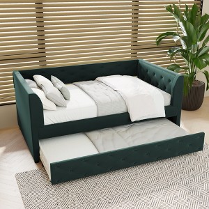 Twin Size Daybed, Velvet Upholstered Platform Bed Frame with Tufted Design and Twin Size Trundle Bed -Frevyn - 1 of 4