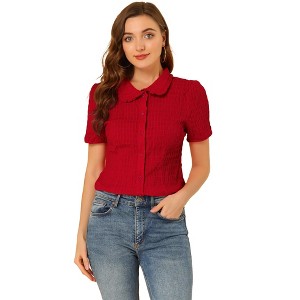 INSPIRE CHIC Women's Sweet Ruffle Trim Peter Pan Collar Button-Down Shirt - 1 of 4