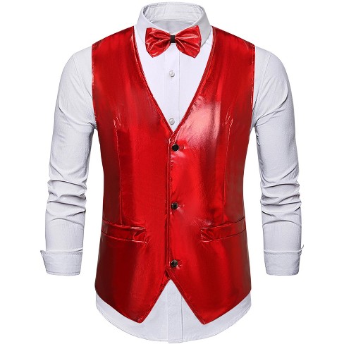 Lars Amadeus Faux Leather Suit Vest for Men's Formal Western PU Waistcoat  with Bow-Tie