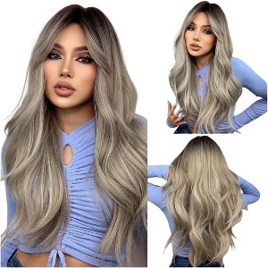 Jessie's Wig 26 Inch Wavy Hair With Curtain Bangs Synthetic Hair Ombre Ash Blonde With Dark Brown Color 1 Pc/Pack - 1 of 4