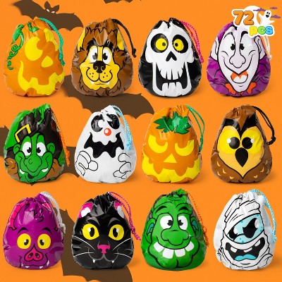 Joyfy 72PCS Halloween Drawstring Goody Candy Bags, Halloween Trick or Treat Gift Bag Bulk for Kids, 12 Designs Classroom Prizes Party Favors Supplies