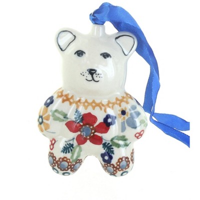 Blue Rose Polish Pottery Red Daisy Teddy Bear Ornament