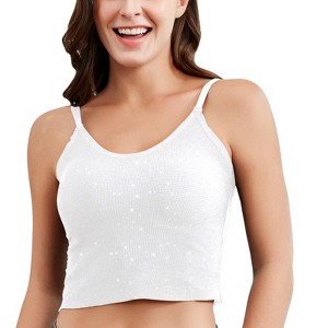 Falorda Women's Shelf Bra Camisole Tops Adjustable Spaghetti Strap Sequined Crop Top Sexy Slim-Fit Cami Double Lined Built in Bra for Party - 1 of 4