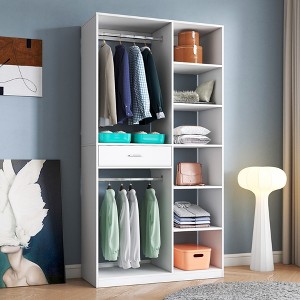 Racxily Freestanding Closet Organizer - White 40'' Closet System with 6 Open Shelves, 2 Hanging Rods, 1 Wood Drawer, 74.8'' Height - 1 of 4