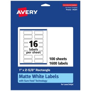 Avery Matte White Rectangle Labels with Sure Feed, 1" x 2-5/8", 1,600 Matte White Printable Labels - 1 of 4