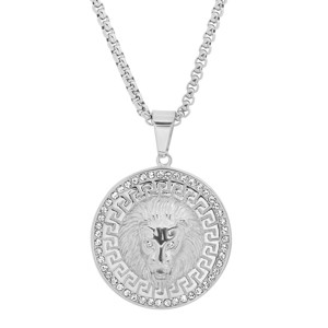 Steeltime Men's stainless steel and simulated diamonds round lion head pendant with greek key accents. Color Options: Silver, Gold - 1 of 4