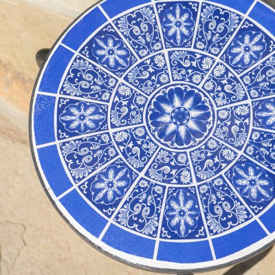 Soleil Blue & White Ceramic Tile Iron Outdoor Side Table