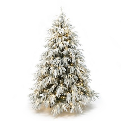 LuxenHome 6.5Ft Pre-Lit Mixed Snowy Branches Artificial Christmas Tree with Metal Stand Green
