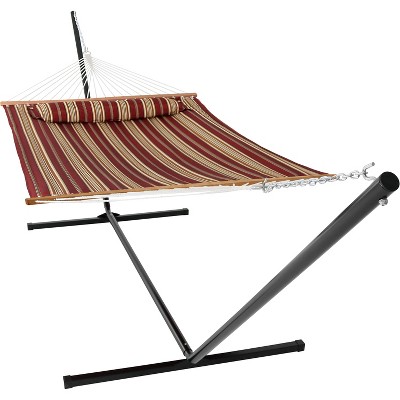 Sunnydaze 2-Person Freestanding Quilted Fabric Spreader Bar Hammock with Detachable Pillow and Stand - 400 lb Weight Capacity/15' Stand - Red Stripe