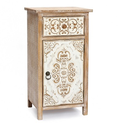 Rustic Floral Carved Wood and Metal End Table with Storage