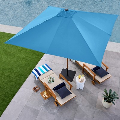 9ft Sky Blue Solar LED Lighted Patio Umbrella with Faux Wood Texture