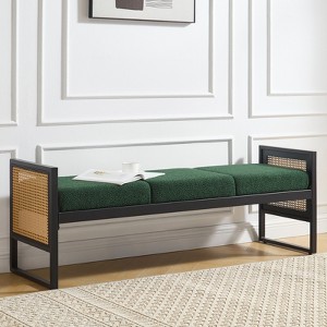 Bekrvio 57'' Long Upholstered Boucle Bench with Metal Frame & PE Rattan Sides, End of Bed Seating Bench, Modern Entryway Bench for Living Room - 1 of 4