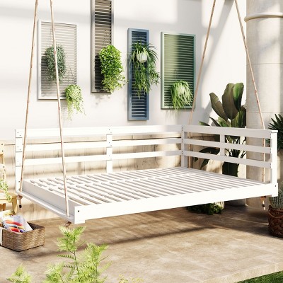 Full Size Acacia Wood Outdoor Swing Bed with 96'' Hemp Ropes, Open-Side Minimalist Design, 350lbs Capacity - Coolbibila