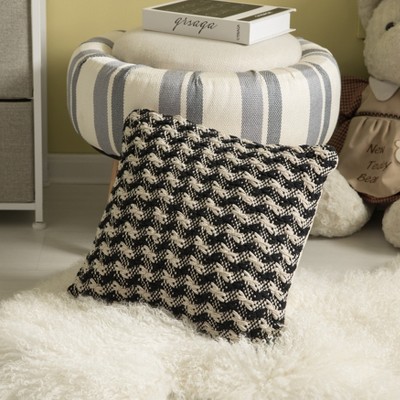 16" Black and White Handwoven Cotton Chevron Throw Pillow