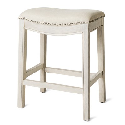 HomeRoots 26" Bone and Antiqued White Fabric and Solid Wood Backless Counter Height Bar Chair
