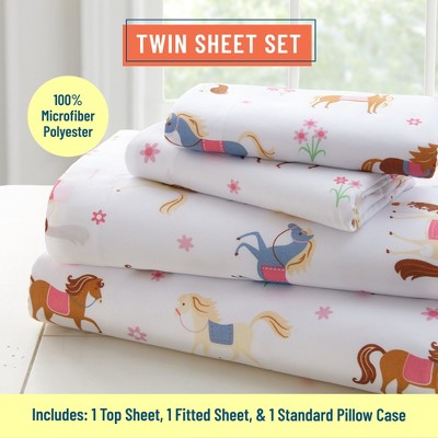 Pink and White Horse Print Microfiber Twin Sheet Set