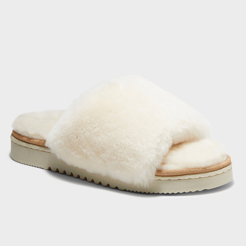 Size 6 Women's dluxe by dearfoams Sutton Genuine Shearling Slide Slippers - Natural 6