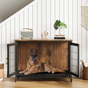 37.5" Rustic Farmhouse Dog Kennel – Furniture Style Pet Crate w/ Wheels, Tray & Ventilation - 1 of 4