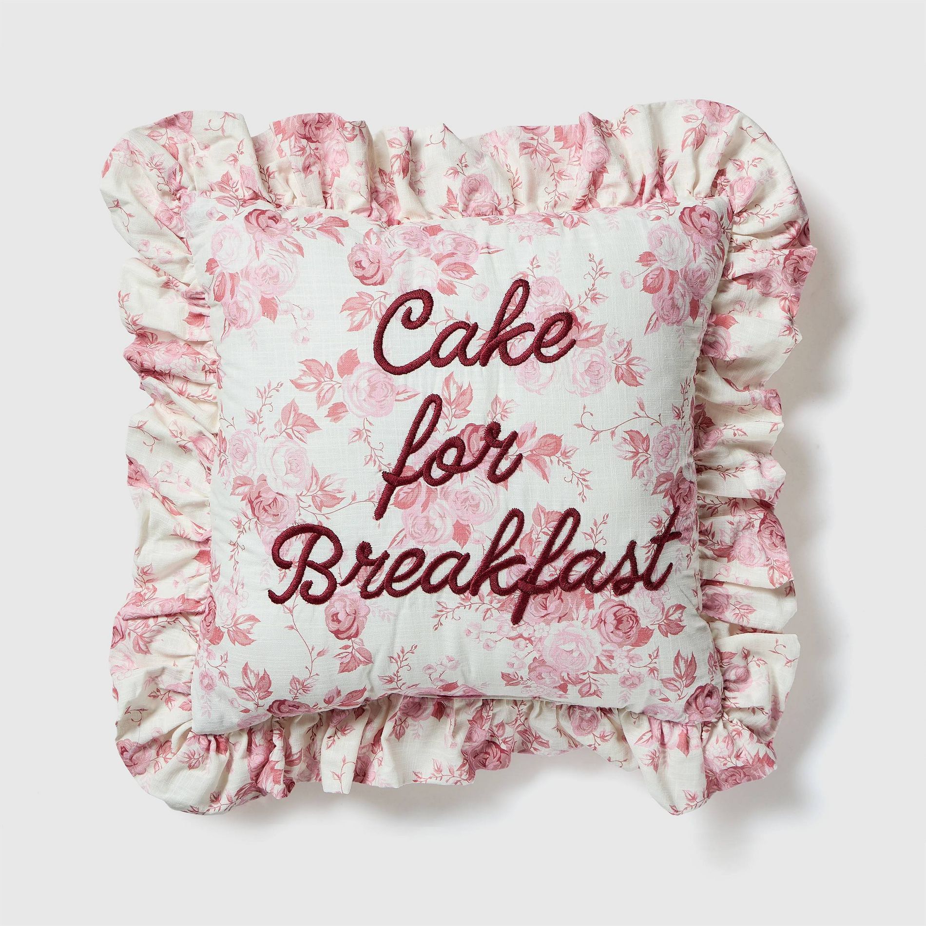'Cake for Breakfast' Square Ruffle Throw Pillow Pink Floral
