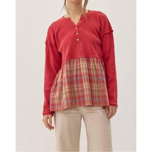 Women's Plaid Babydoll Henley - Jodifl - 1 of 4