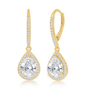 Bella Silver Sterling Silver Pearshaped Halo Dangling Earrings - Gold Plated - Gold - 1 of 2