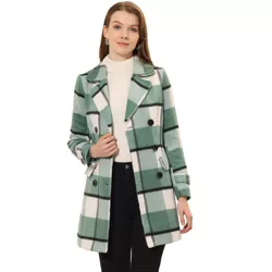 Allegra K Women's Notched Lapel Double Breasted Winter Plaids Coat Green White Small
