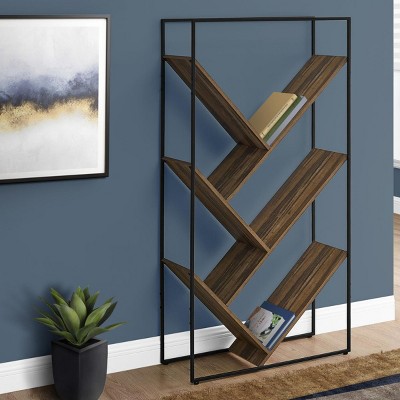 INFURNIC Decorative Bookshelf 5 Tier Etagere Slanted Shelves with Wood Grain Finish and Black Metal Frame, Brown, 32"*12"*60.25"