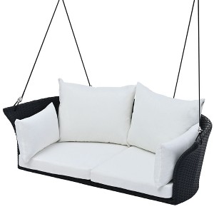 NicBex 2-Seat Rattan Woven Hanging Porch Swing with Chains,Cushion and 2 Pillow for Patio Bedroom Porch Garden - 1 of 4