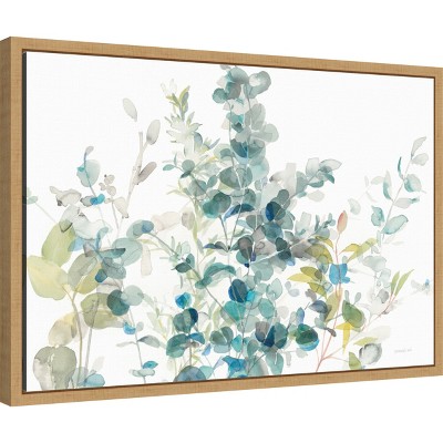 Eucalyptus I White Crop Watercolor Canvas with Maple Frame