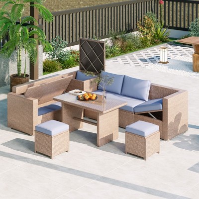 CAVINAS Front Porch Furniture, All-Weather Rattan Outdoor Sofa Set Tempered Glass Tabletop Outdoor Dining for Garden
