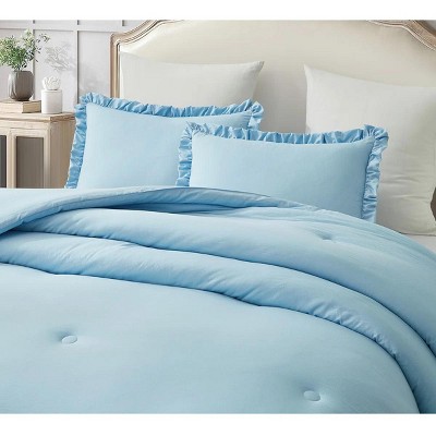 Evo Bytes Washed Microfiber Ruffled Comforter Set Soft Lightweight Bedding-Queen Comforter&2 Standard Shams-Blue