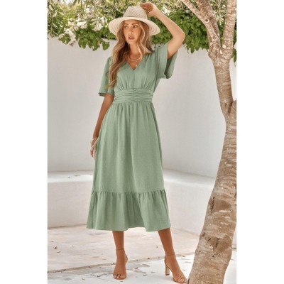I AM A FASHION JUNKY Solid V Neck Belted Wrap Layered Midi Dress