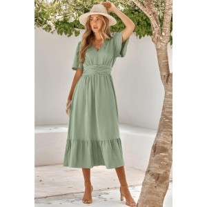 I AM A FASHION JUNKY Solid V Neck Belted Wrap Layered Midi Dress - 1 of 4