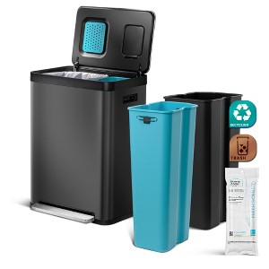 Home Zone Living 19 Gallon Stainless Steel Dual Trash and Recycling Can with CleanAura Odor Control and Soft Close Lid, Black - 1 of 4