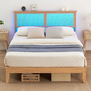 Rattan Full Size Bed Frame, Natural Rattan Headboard, with LED Lights, Under Bed Storage and Wooden Legs Support, Noise-Free, No Box Spring Needed - 1 of 4
