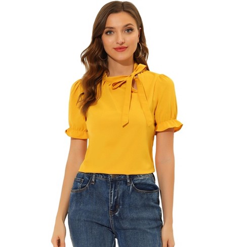 Allegra K Women's Bow Tie Neck Elegant Office Short Sleeve Blouse Deep  Yellow Medium : Target